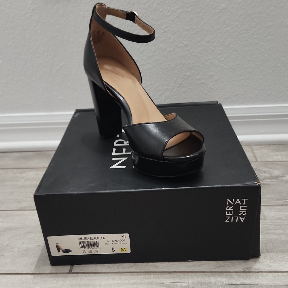 Naturalizer Black Leather Platform Ankle-Strap Heel